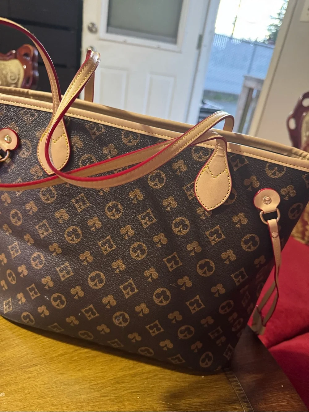 Louis Vuitton Brown Monogram Canvas Tote with Red-Trim Handles